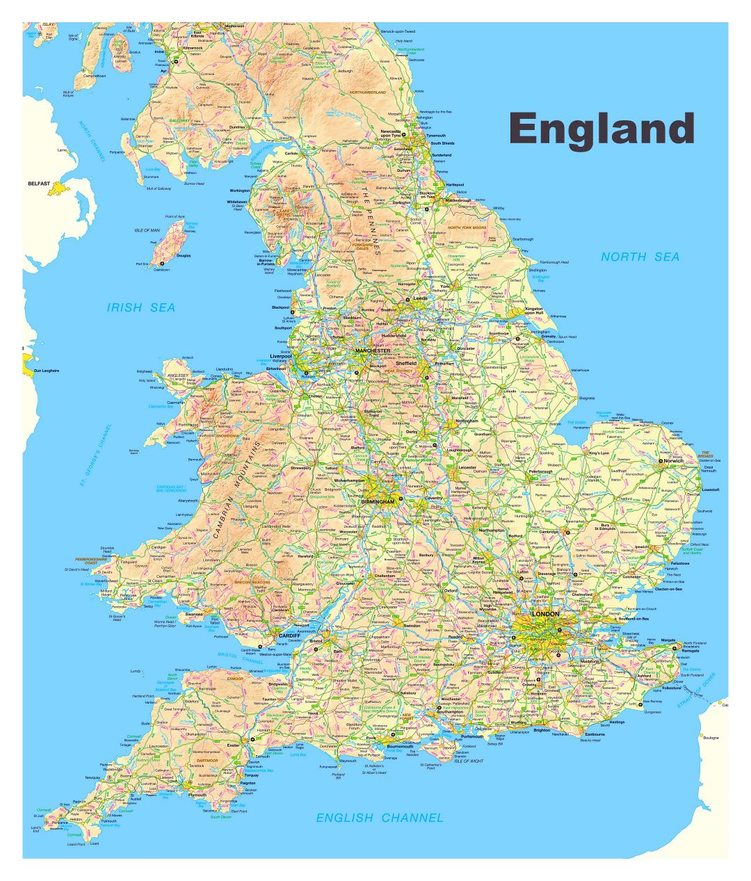 Большая карта Англии с дорогами, городами и другими пометками