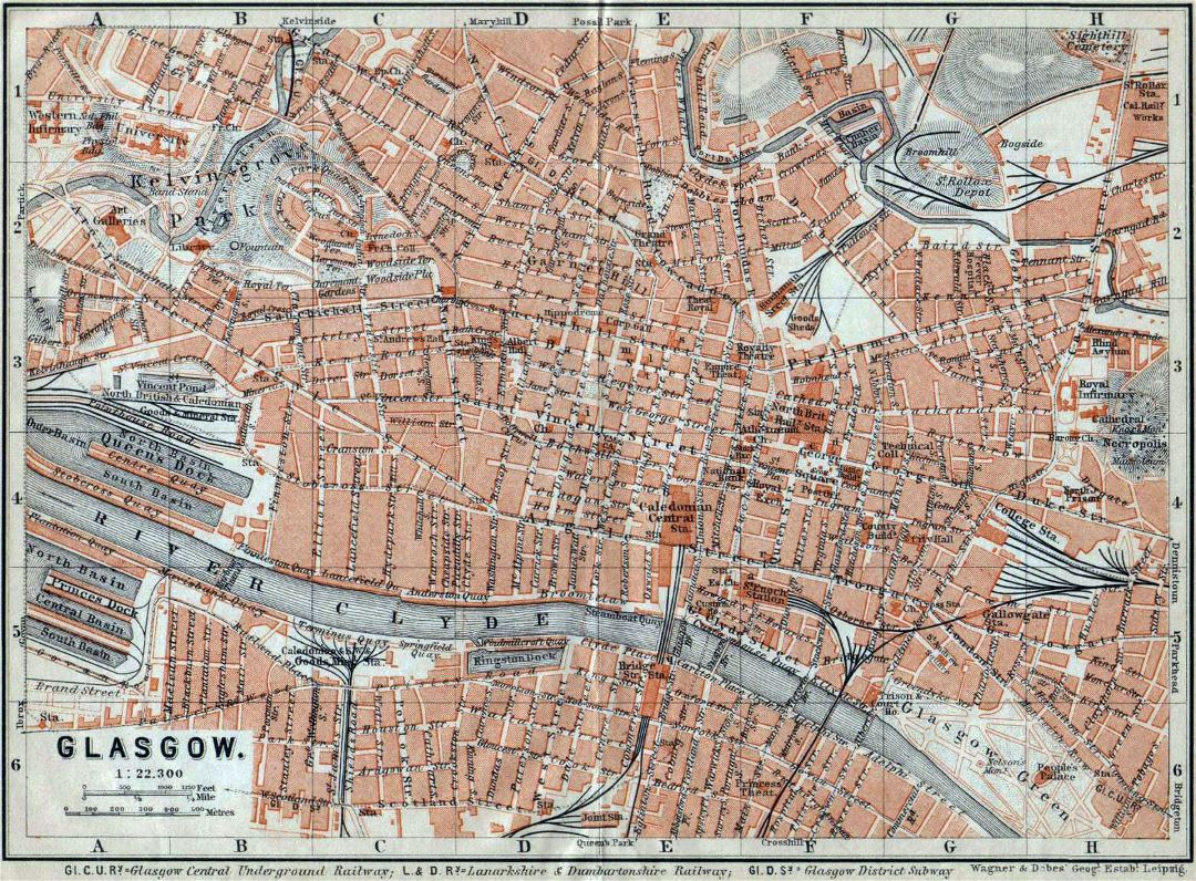 Большая старая карта города Глазго - 1910