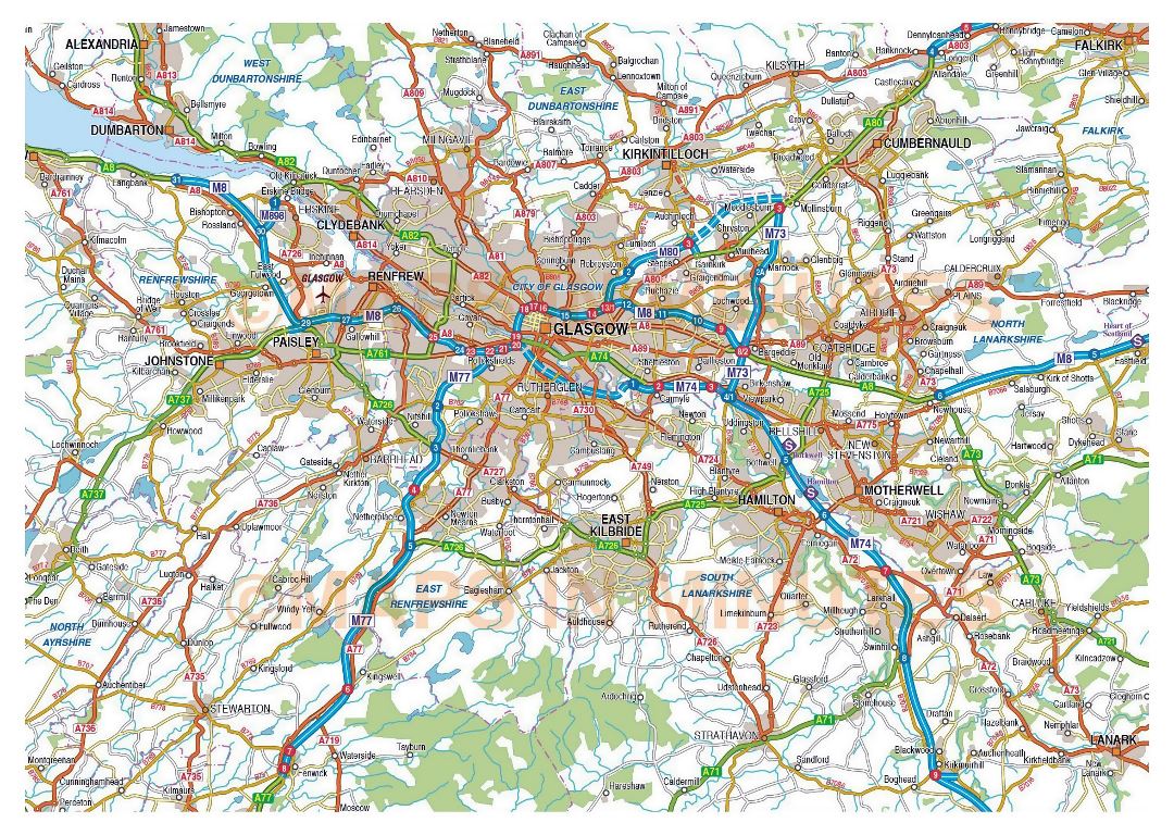 Большая карта дорог Глазго и его окрестностей с аэропортами