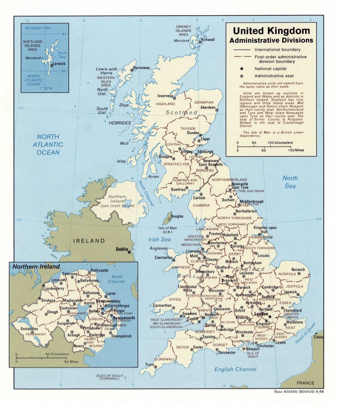 Большая детальная карта административных делений Соединенного Королевства - 1988