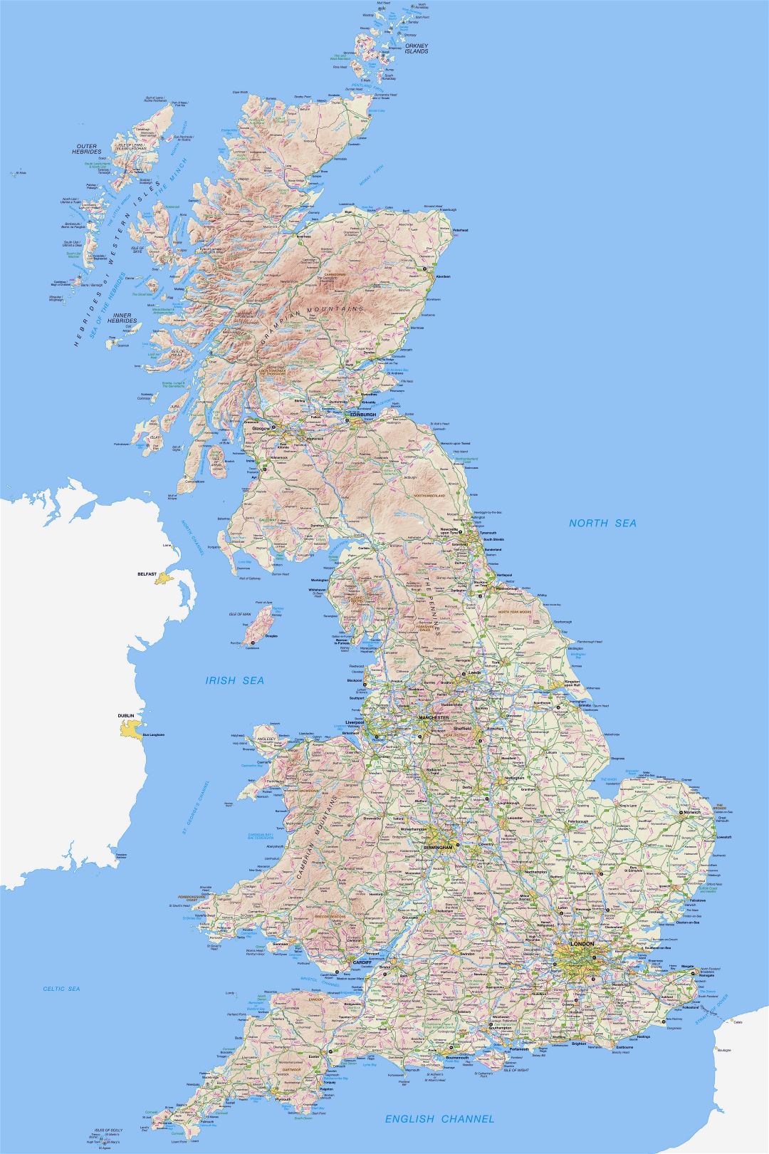 Большая детальная карта дорог Великобритании с рельефом, все деревями, городами и аэропортами
