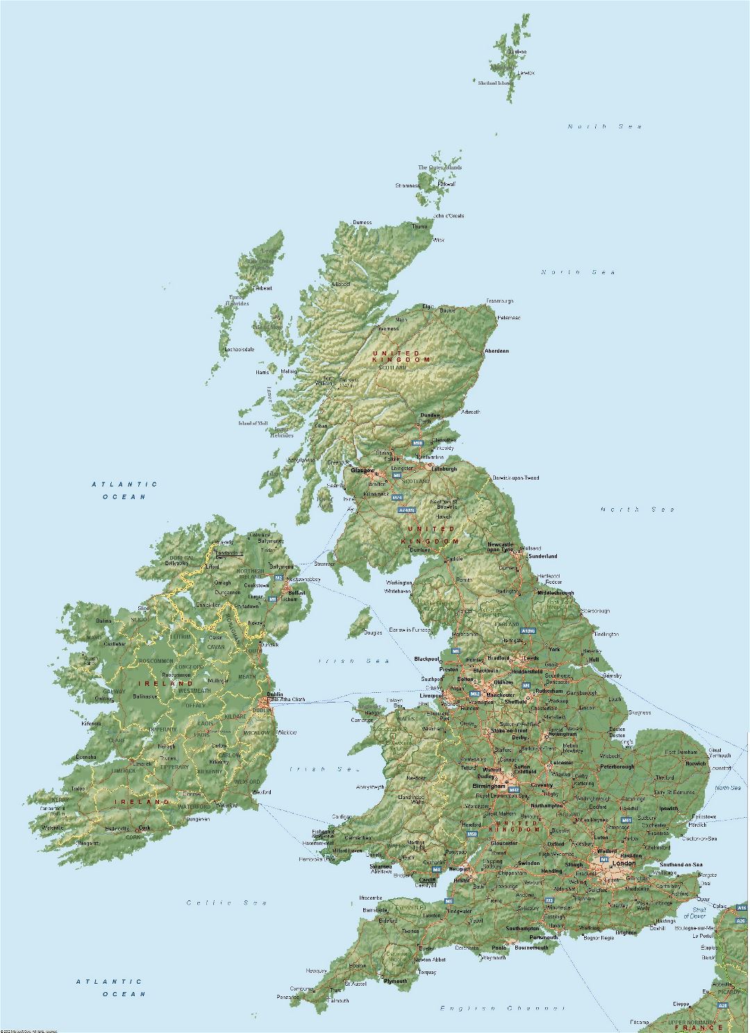 Большая карта Великобритании с рельефом, дорогами и городами