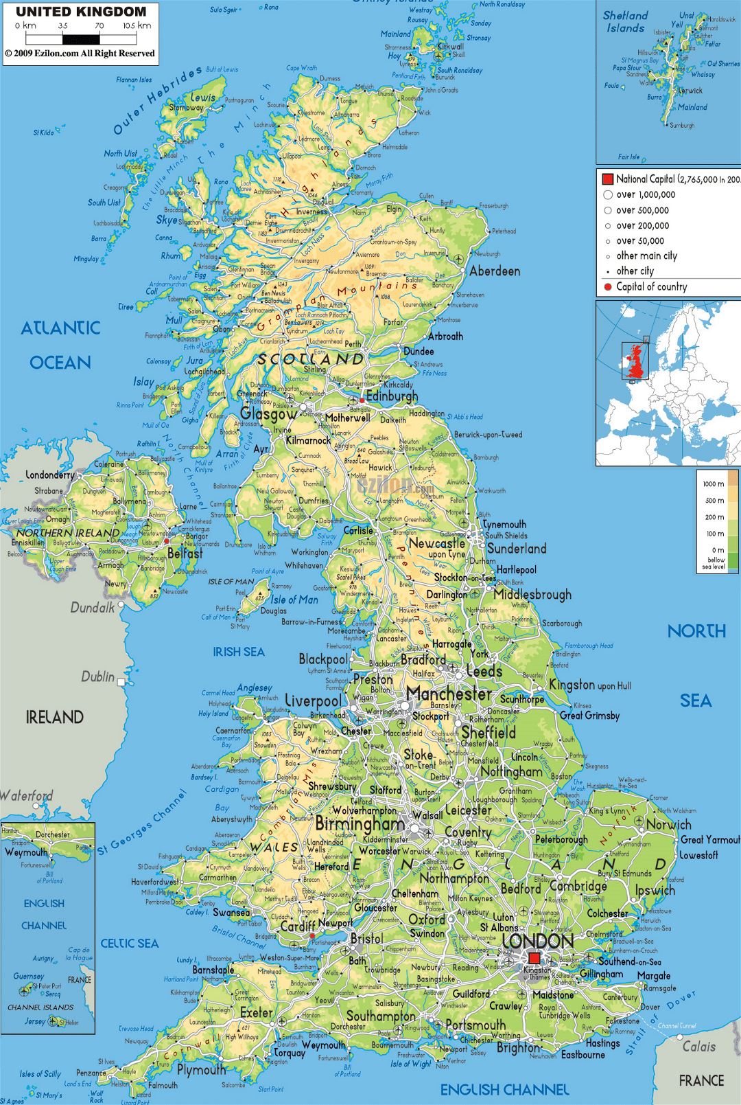Большая физическая карта Соединенного Королевства с дорогами, городами и аэропортами 