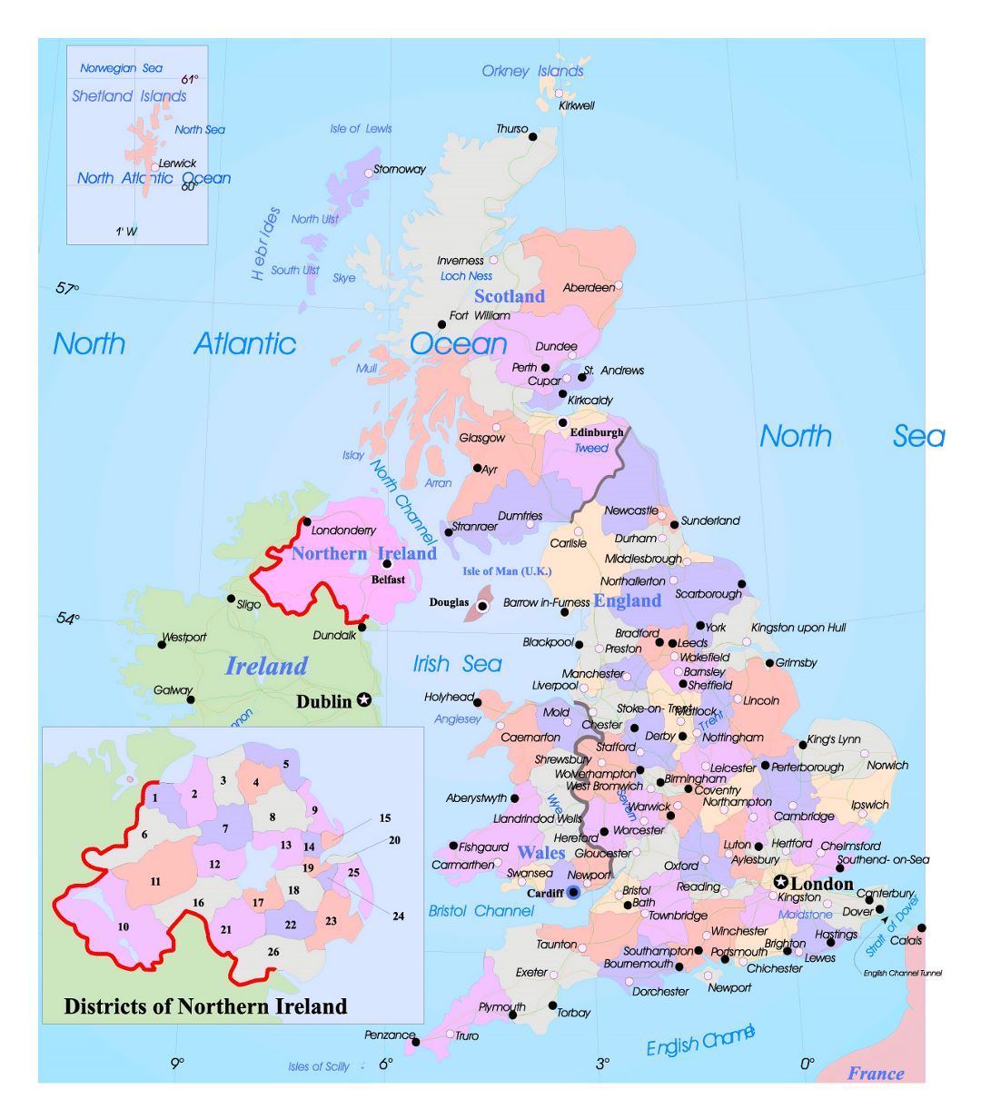 Большая политическая и административная карта Соединенного Королевства с дорогами и крупными городами