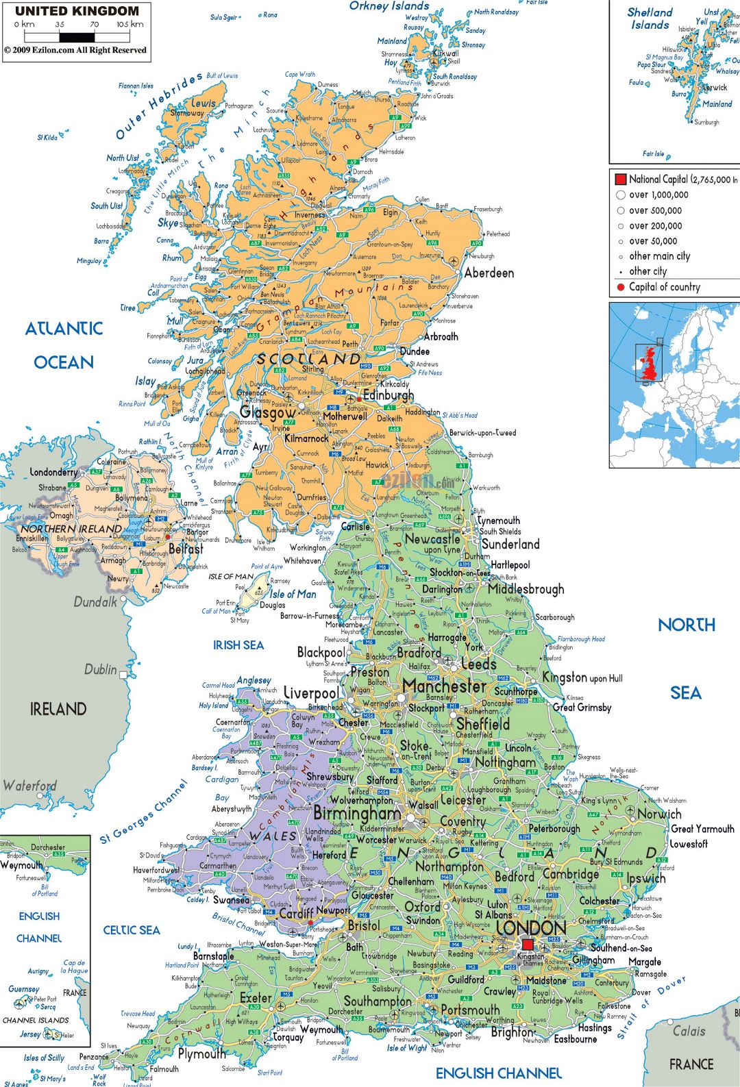 Большая политическая и административная карта Соединенного Королевства с дорогами, городами и аэропортами