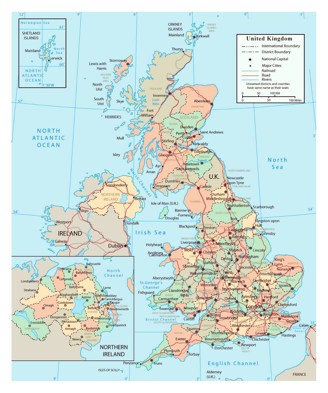 Большая политическая и административная карта Соединенного Королевства с дорогами, железными дорогами и крупными городами