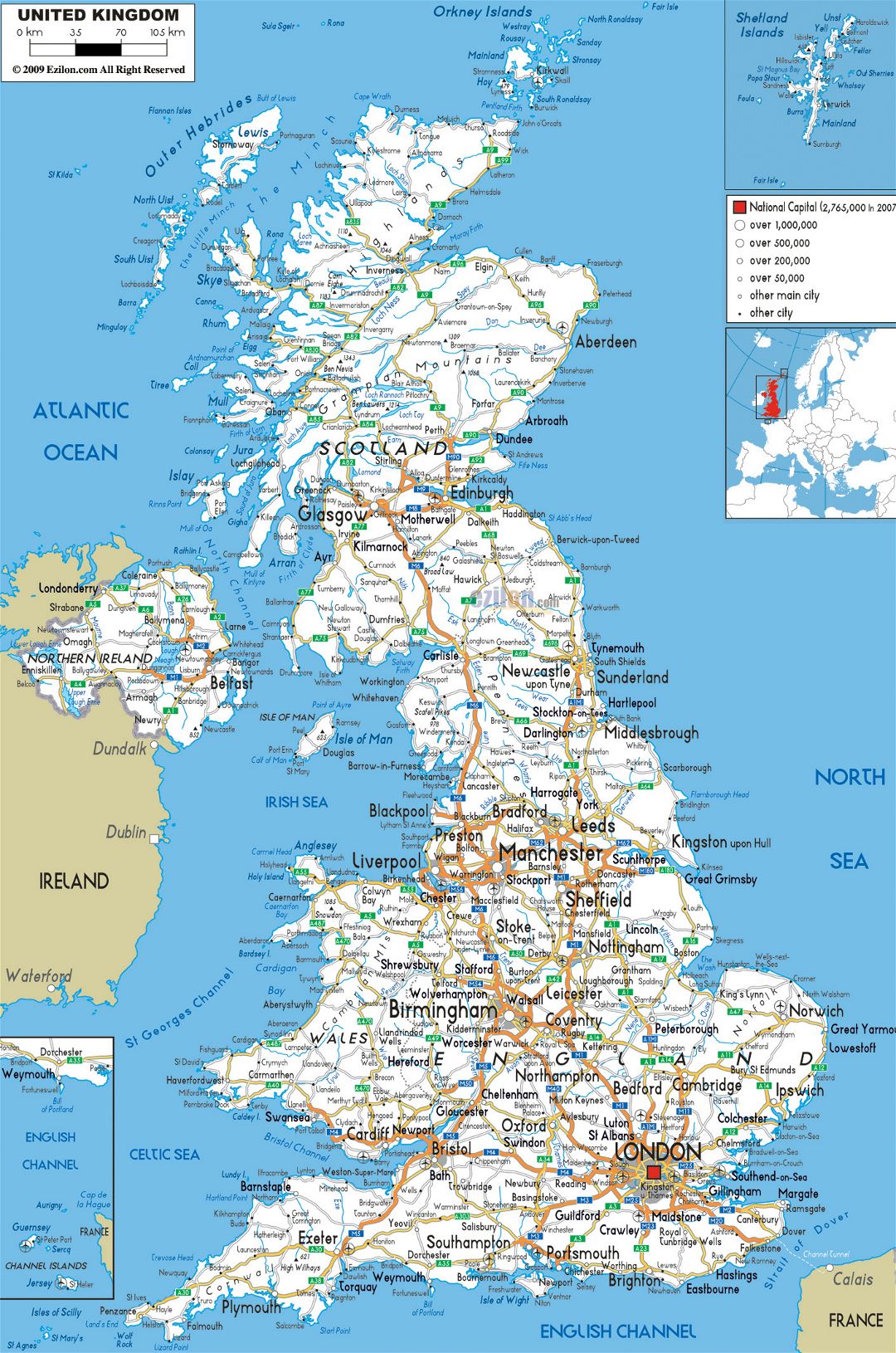 Большая карта дорог Великобритании с городами и аэропортами