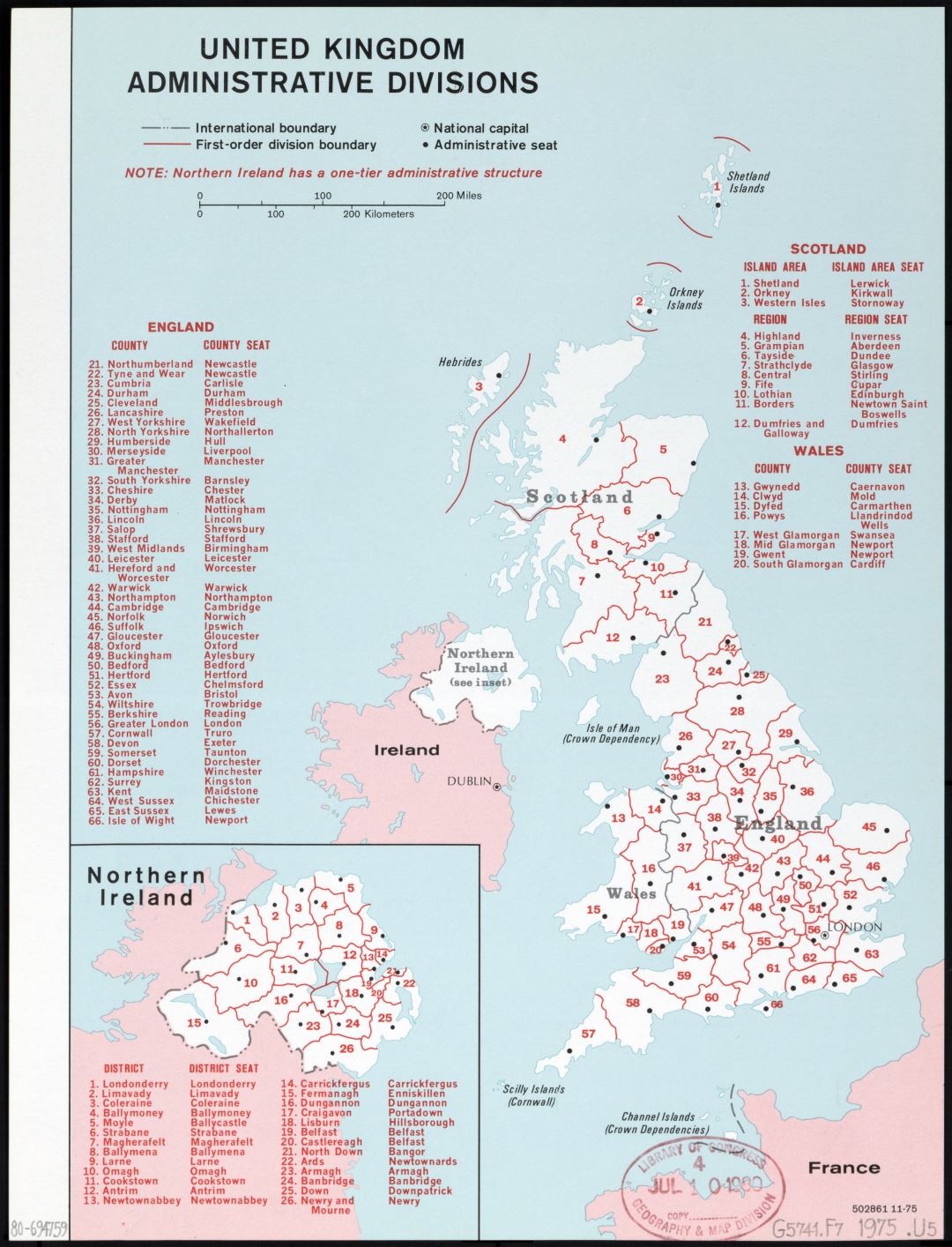 Крупномасштабная карта административных делений Соединенного Королевства - 1975