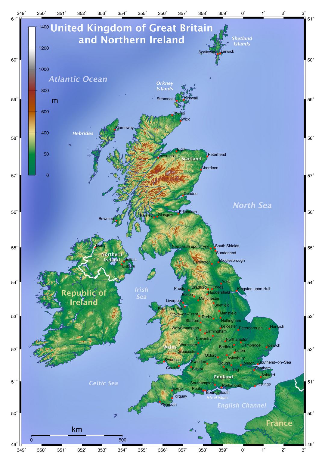 Большая топографическая карта Соединенного Королевства