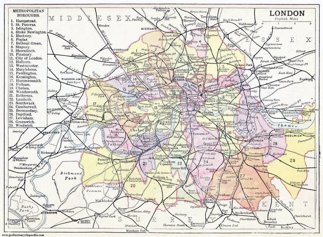 Большая старая карта города Лондона - 1906