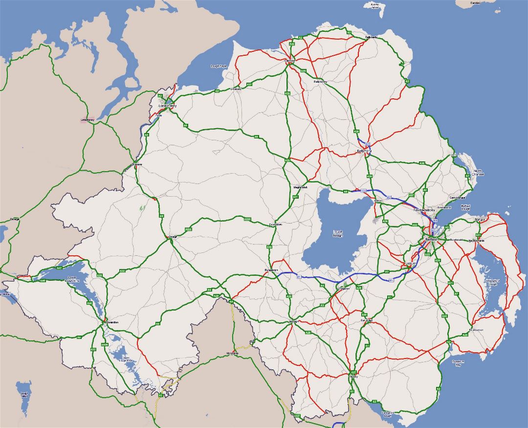 Большая детальная карта дорог Северной Ирландии с городами