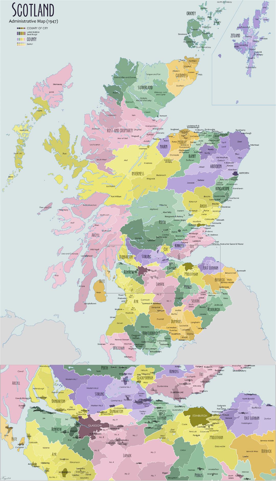 Большая детальная административная карта Шотландии - 1947