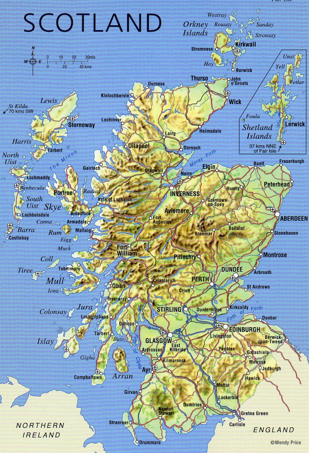 Большая детальная карта Шотландии с рельефом, дорогами, крупными городами и аэропортами