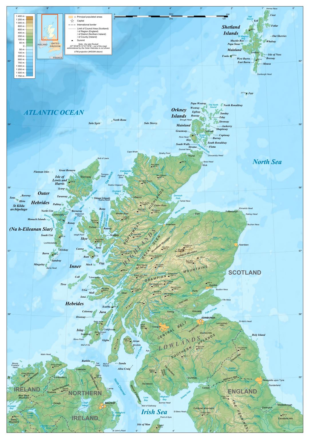Большая детальная физическая карта Шотландии