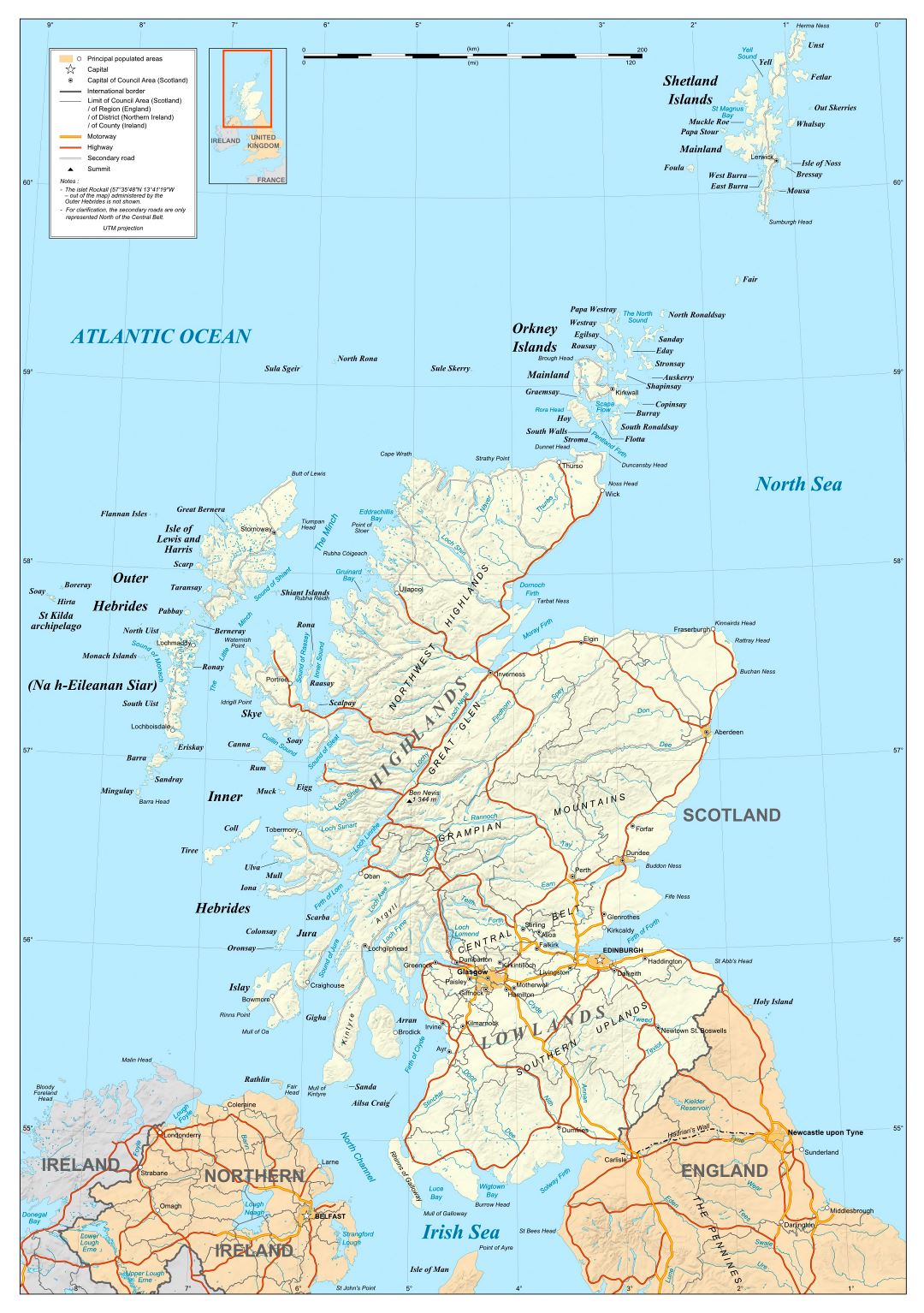Большая детальная политическая карта Шотландии