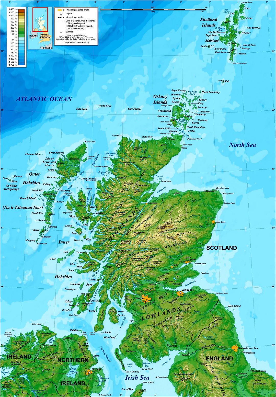 Большая детальная топографическая карта Шотландии