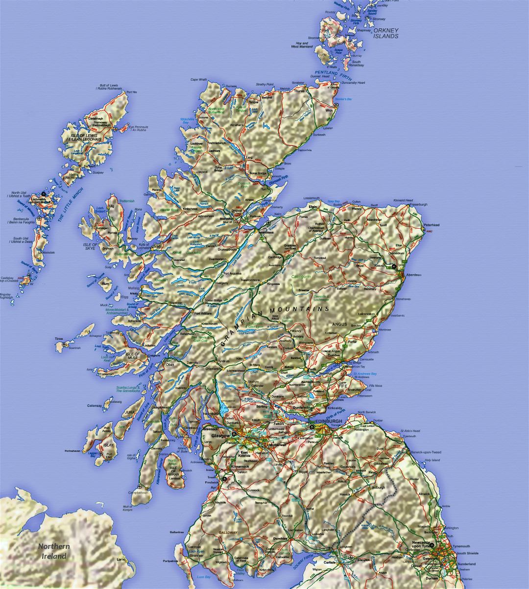 Большая карта Шотландии с рельефом, дорогами, крупными городами и аэропортами