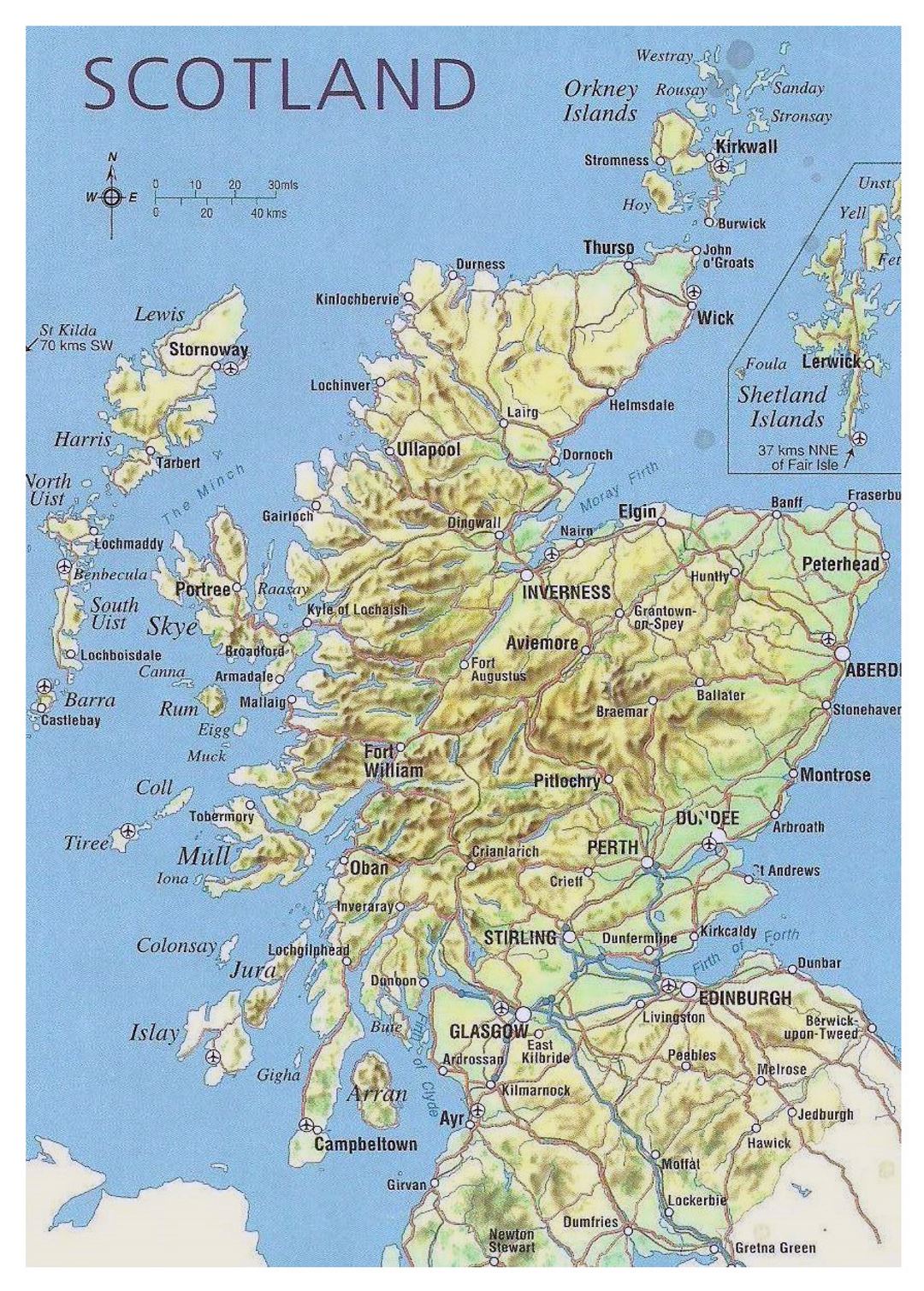 Карта Шотландии с рельефом, дорогами, крупными городами и аэропортами