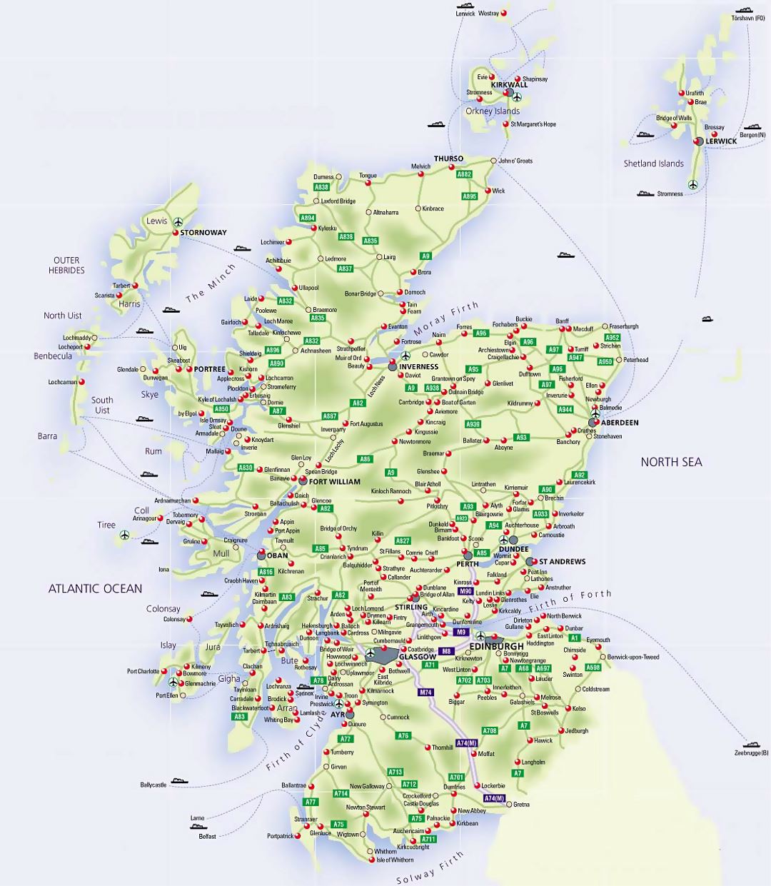 Карта дорог Шотландии с аэропортами и городами