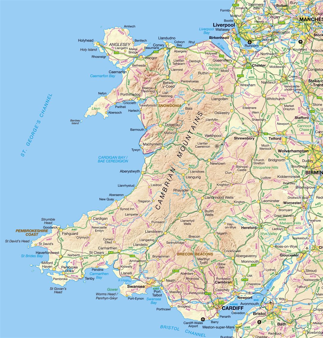 Большая детальная карта Уэльса с рельефом, дорогами и городами