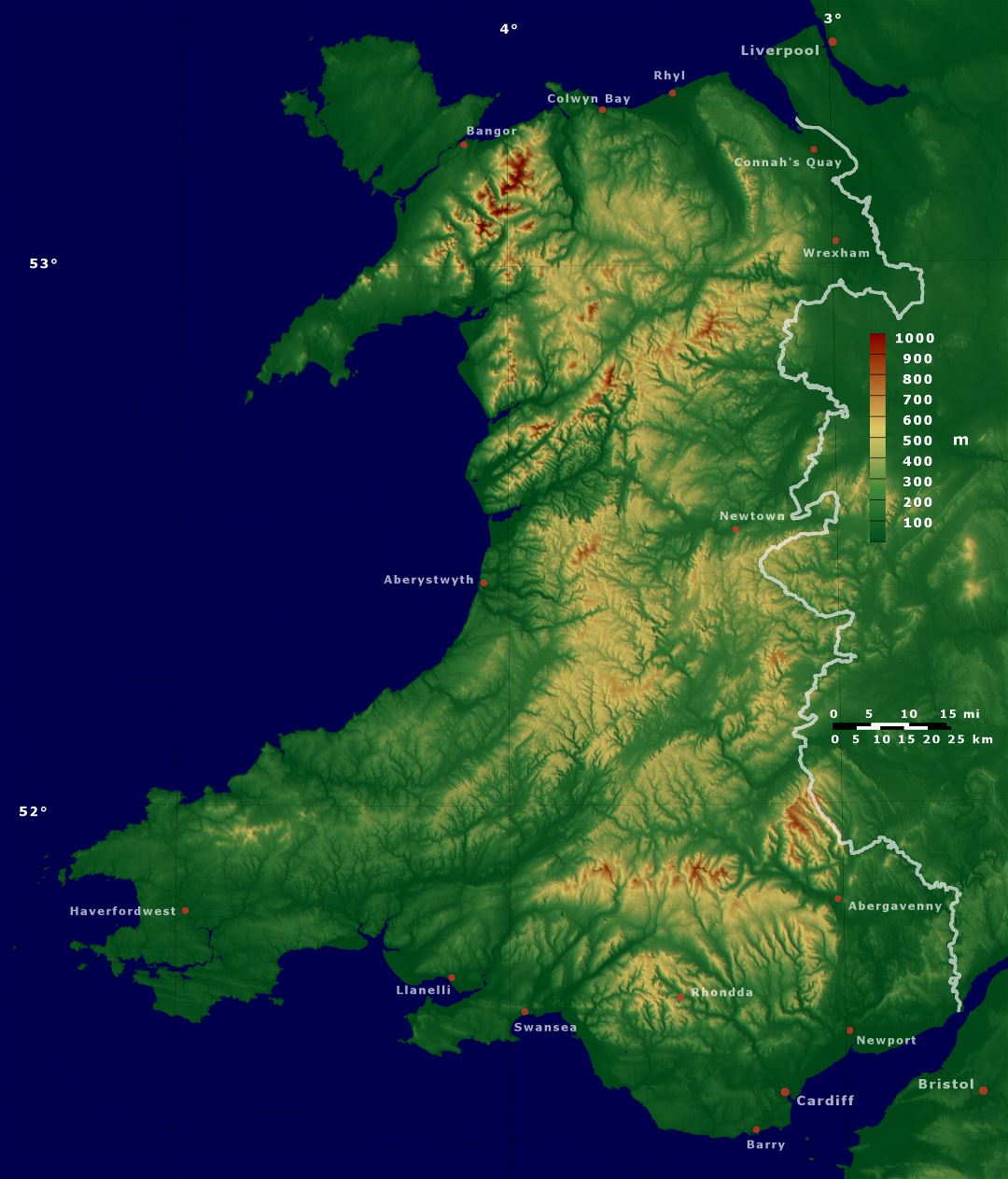 Большая детальная физическая карта Уэльса
