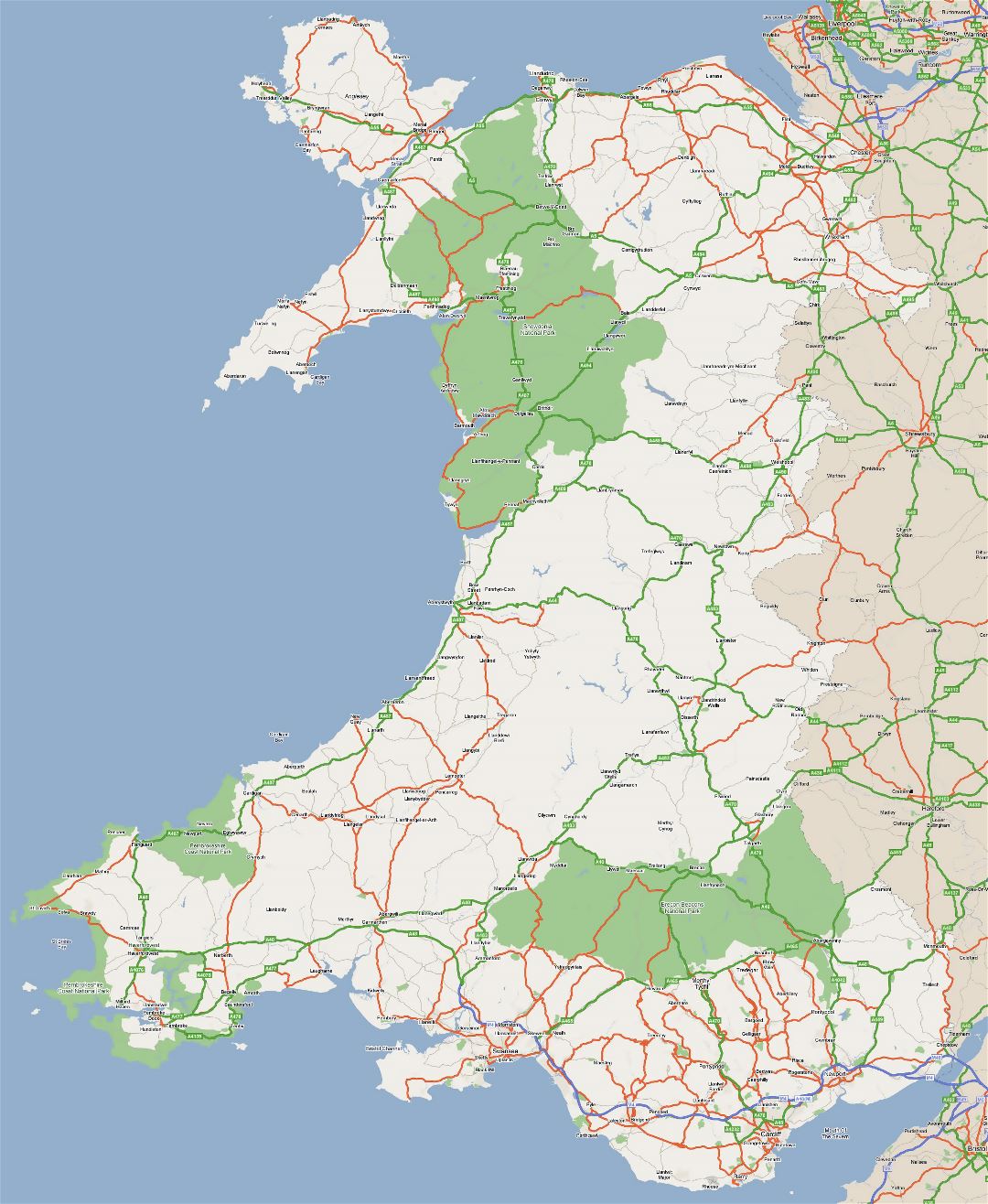 Большая детальная карта дорог Уэльса с городами