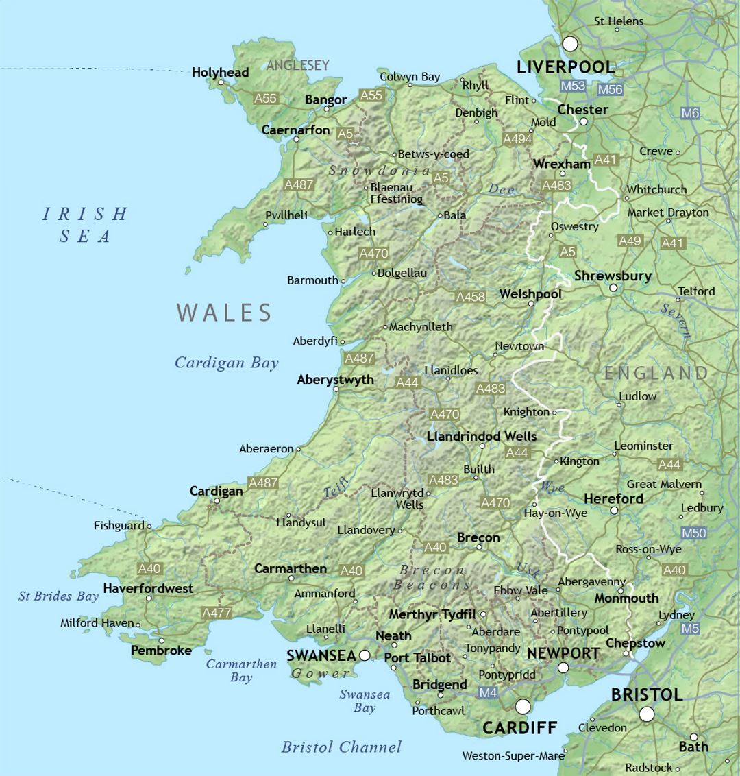 Карта Уэльса с рельефом и городами