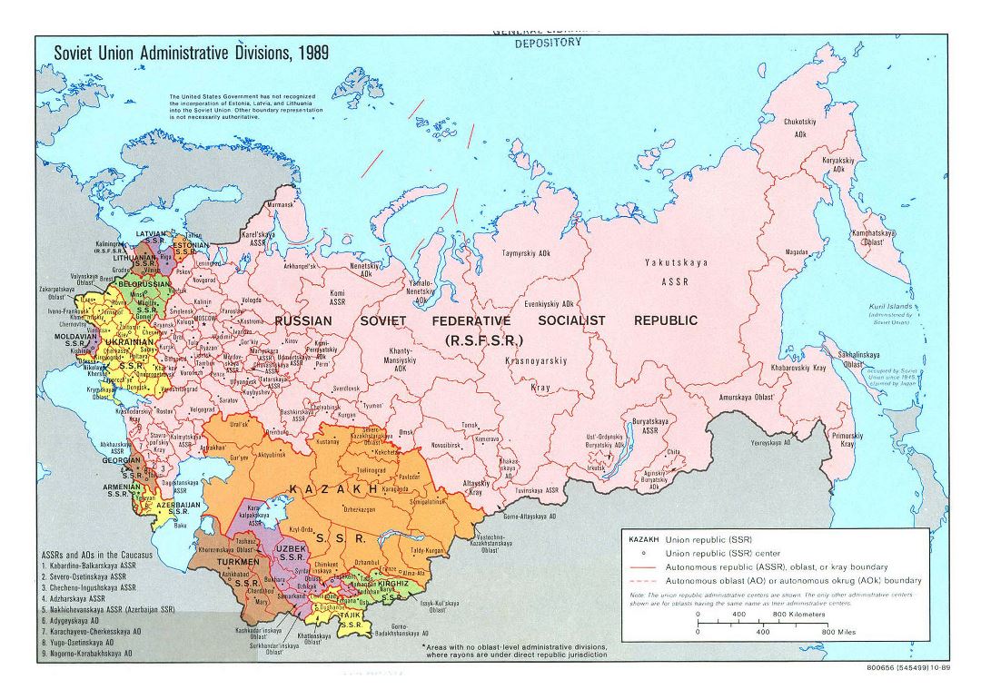 Большая детальная карта административных делений Советского Союза - 1989