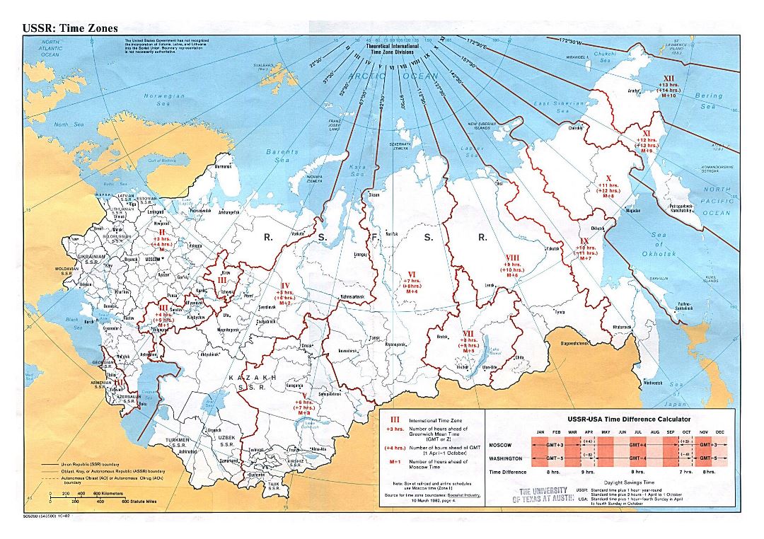 Большая детальная карта временных зон Советского Союза - 1982