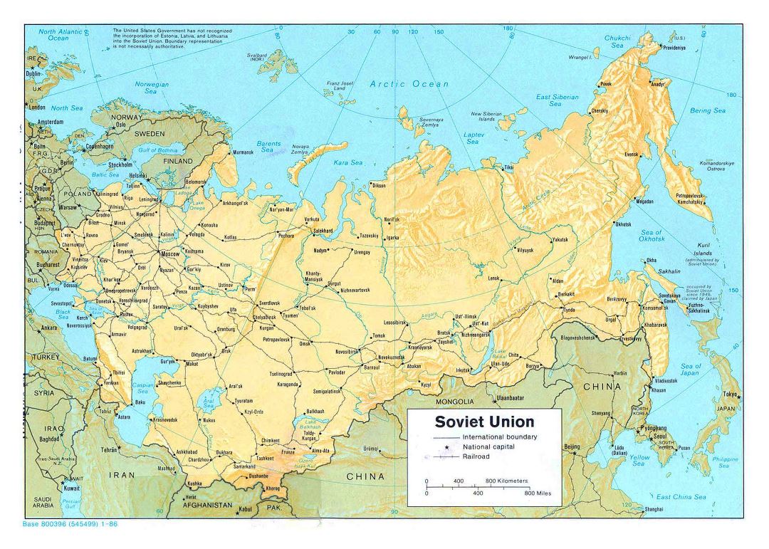 Большая политическая карта Советского Союза с рельефом, железными дорогами и крупными городами - 1986