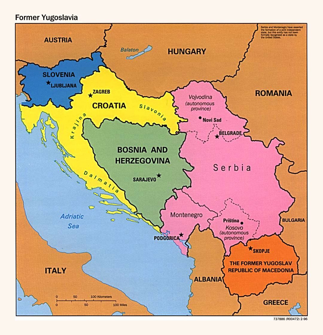 Детальная политическая карта Югославии - 1996