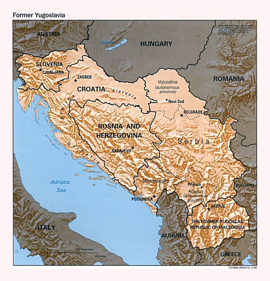 Детальная политическая карта Югославии с рельефом - 1996