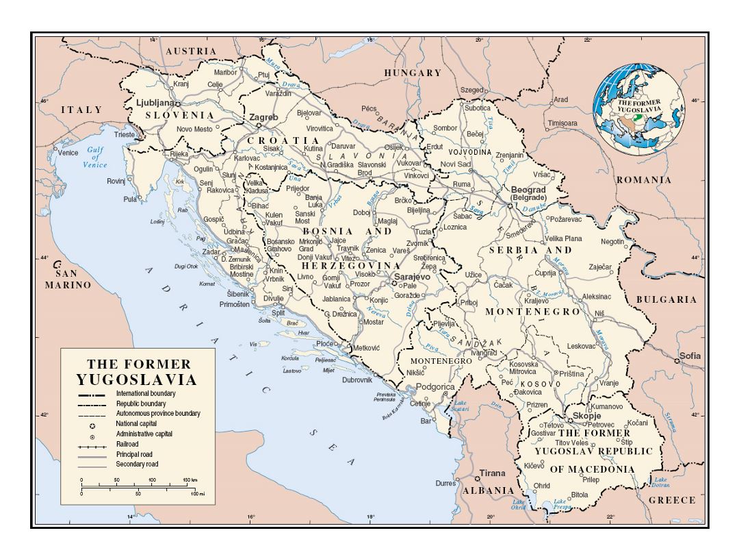 Детальная политическая карта Югославии с дорогами, железными дорогами и городами
