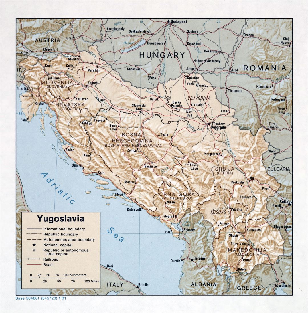 Большая детальная политическая карта Югославии с рельефом, дорогами, железными дорогами и крупными городами - 1981
