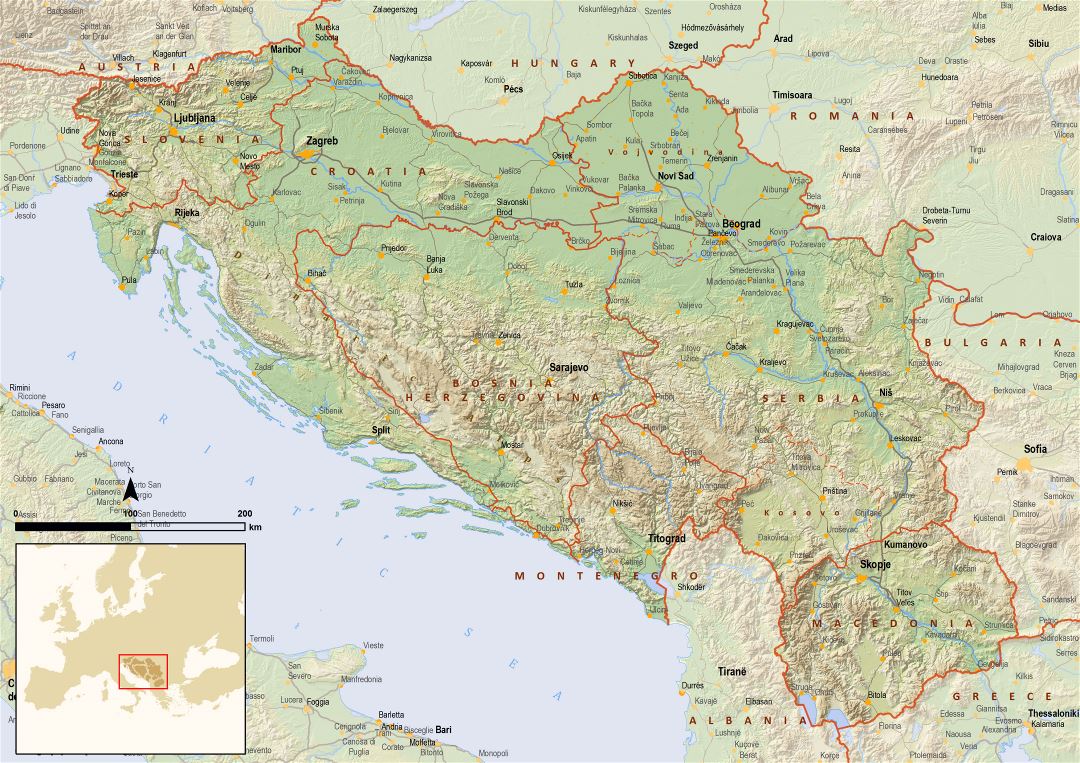 Большая детальная политическая карта Югославии с рельефом