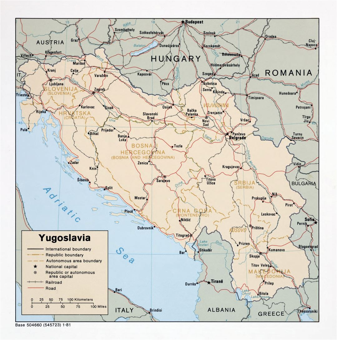 Большая детальная политическая карта Югославии с дорогами, железными дорогами и крупными городами - 1981