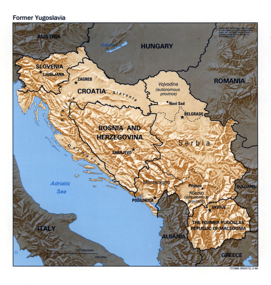 Крупномасштабная политическая карта Югославии с рельефом - 1996