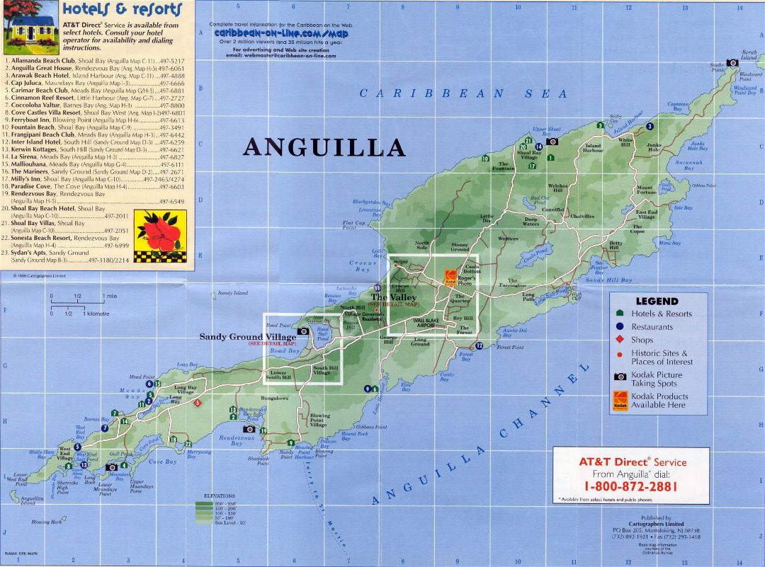 Большая подробная карта высот и туристическая карта Ангильи с дорогами, отелями и другими пометками