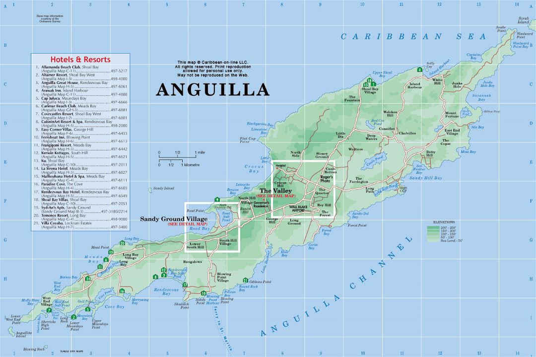 Большая подробная карта отелей и курортов Ангильи