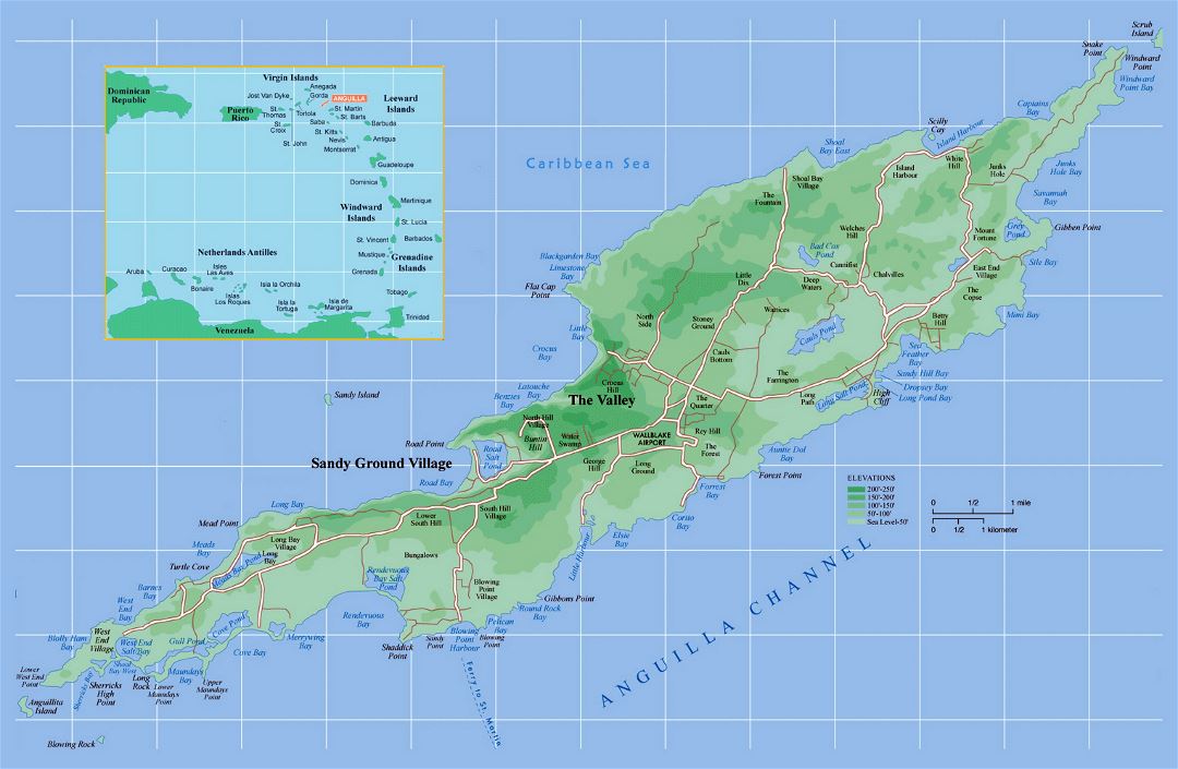 Большая детальная политическая карта и карта высот Ангильи с другими пометками