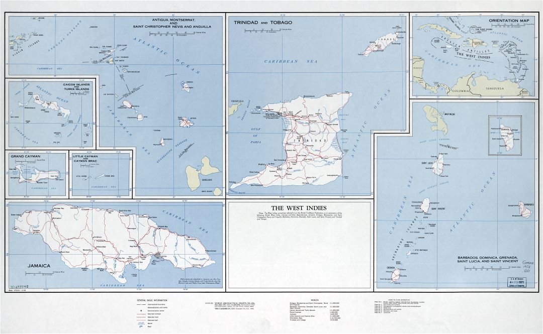 Большая детальная политическая карта Вест-Индии с дорогами, железными дорогами, городами, деревнями и другими пометками - 1958