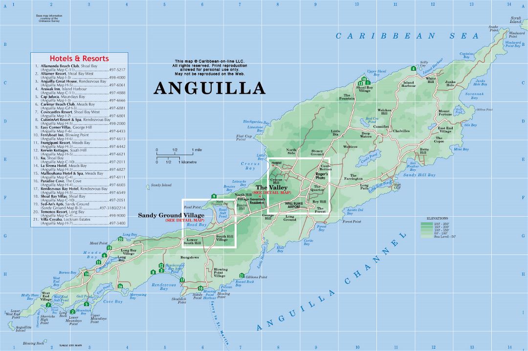Большая подробная карта дорог и физическая карта Ангильи с отелями