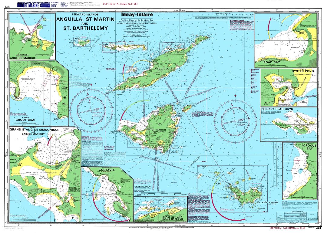 Большая подробная топографическая и морская карта Ангильи, острова Святого Мартина и острова Сен-Бартельми