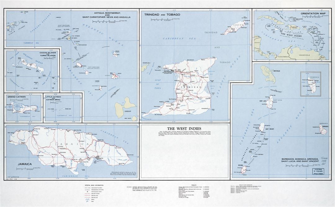 Крупномасштабная подробная политическая карта Вест-Индии с дорогами, железными дорогами, городами, деревнями и другими пометками - 1958