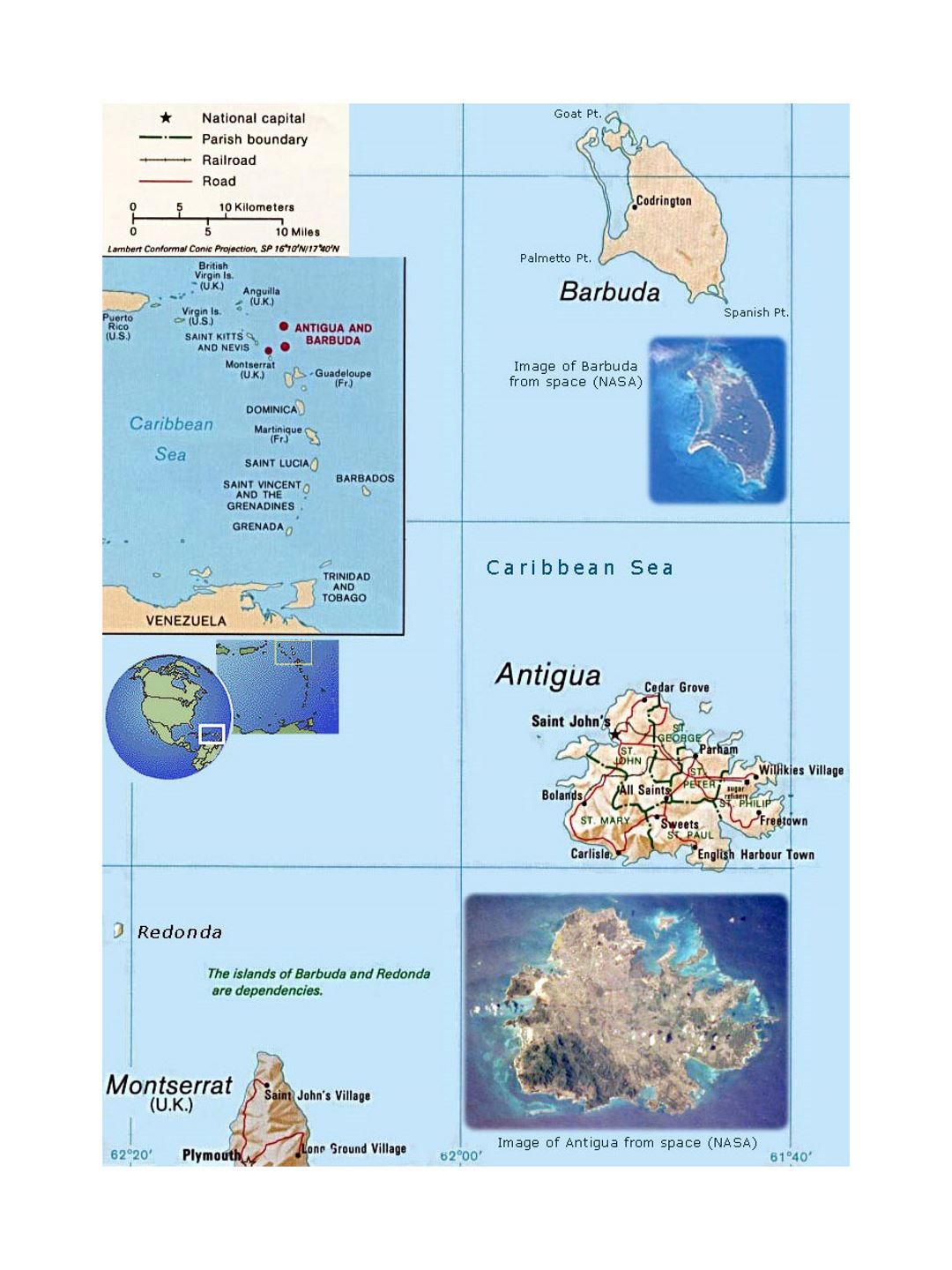 Детальная политическая карта Антигуа и Барбуды с другими пометками