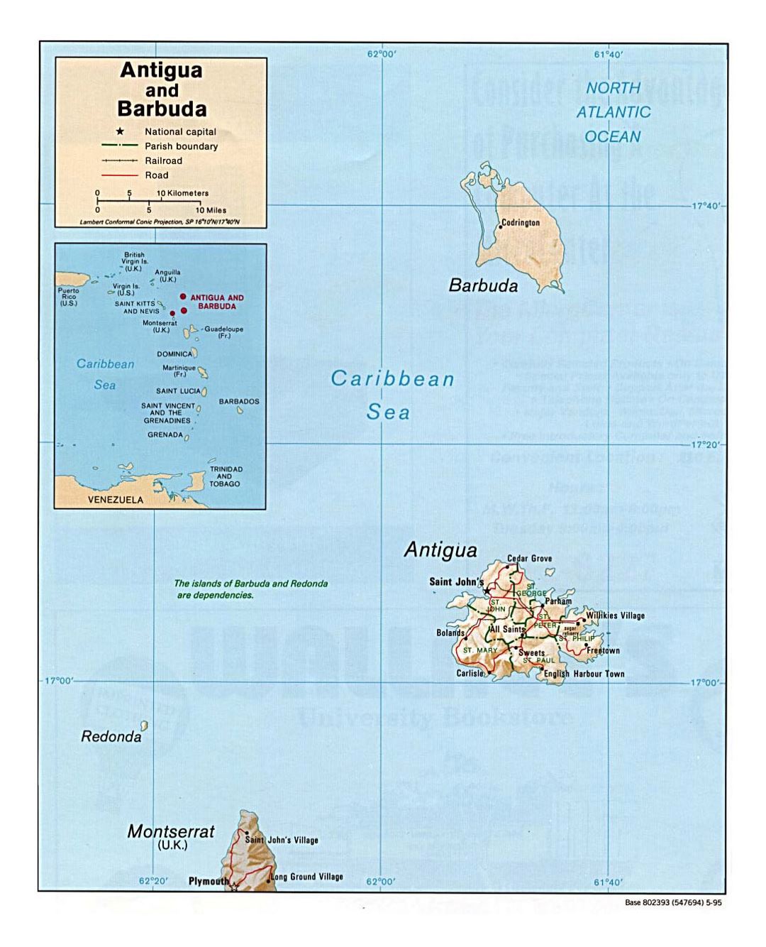 Детальная политическая карта Антигуа и Барбуда с рельефом, дорогами, железными дорогами и городами - 1995