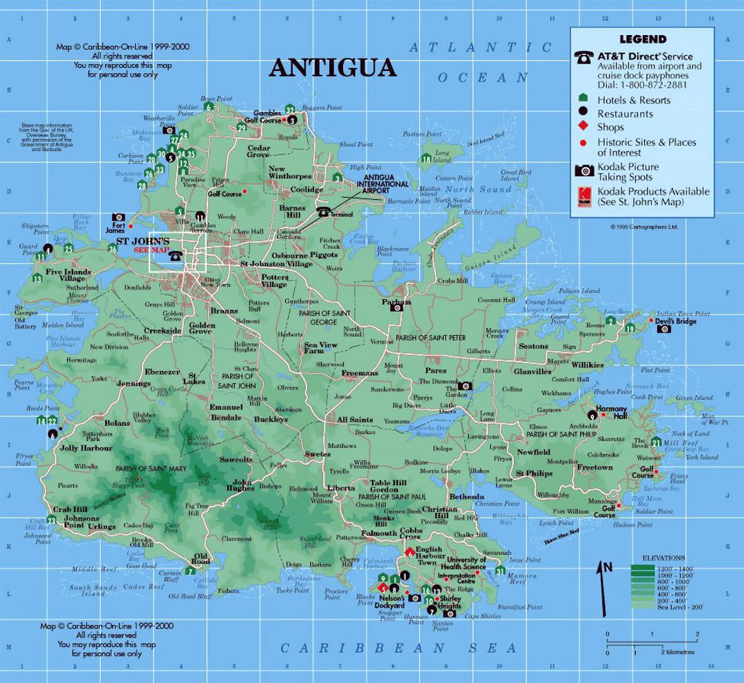 Подробная туристическая карта и карта высот Антигуа с другими пометками