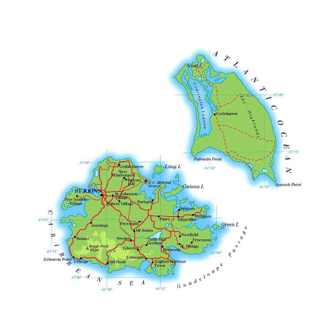 Большая карта высот Антигуа и Барбуды с дорогами и городами