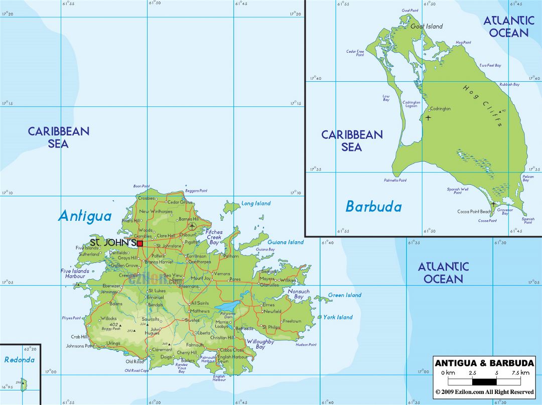 Большая физическая карта Антигуа и Барбуды с дорогами, городами и аэропортами