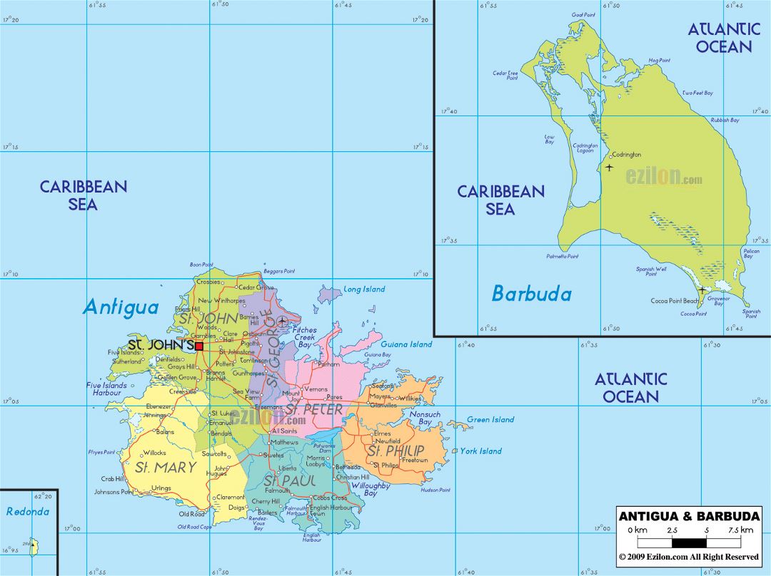 Большая политическая и административная карта Антигуа и Барбуды с дорогами, городами и аэропортами